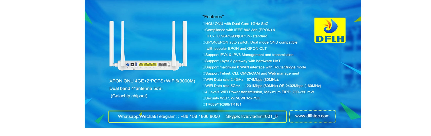 XPON ONU 4*GE+1*POTS+WiFi6 (1800M )  dual band